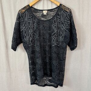 Daytrip‎ Women Whimsigoth Witchy Rhinestone Lace Top Size L Black Vamp Dark Boho